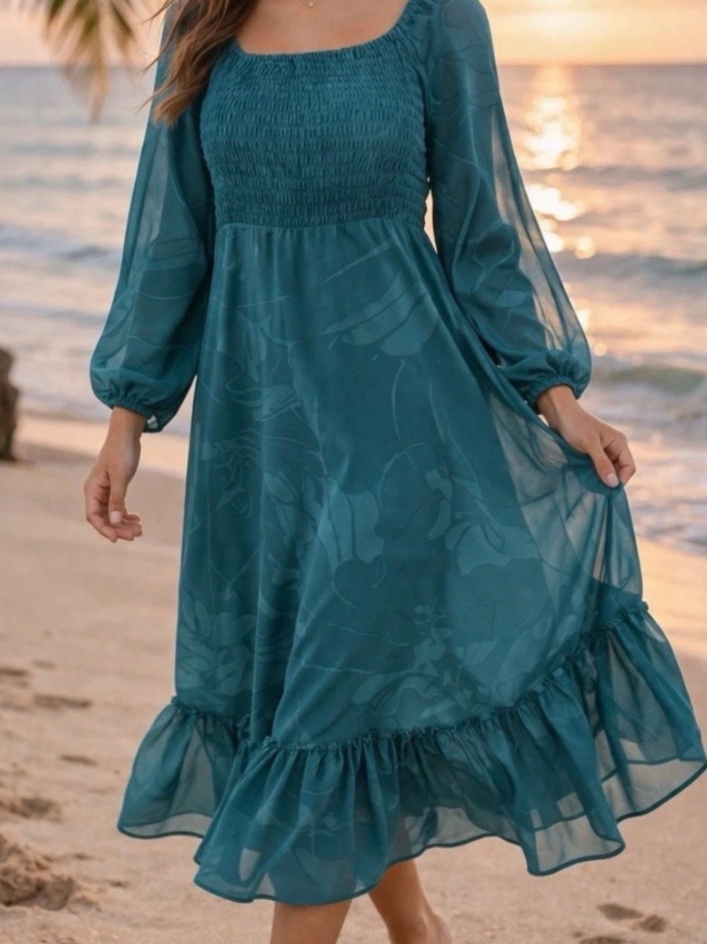 Taylor Teal Smocked Bodice Long Sleeve Midi Dress-Never worn